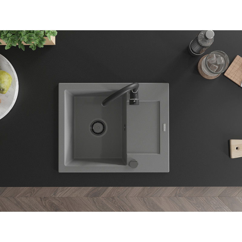 Mexen Enzo žulový drez s 1 komorou s odkvapkávačom a kuchynskou batériou Telma, šedý - 6506-71-670200-70-B