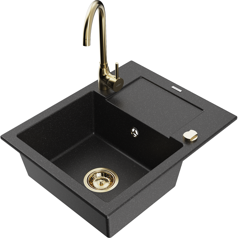 Mexen Enzo granitový kuchynský drez s 1 komorou s odkvapkávačom a kuchynskou batériou Telma, čierny/strieborný