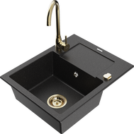 Mexen Enzo granitový kuchynský drez s 1 komorou s odkvapkávačom a kuchynskou batériou Telma, čierny/strieborný