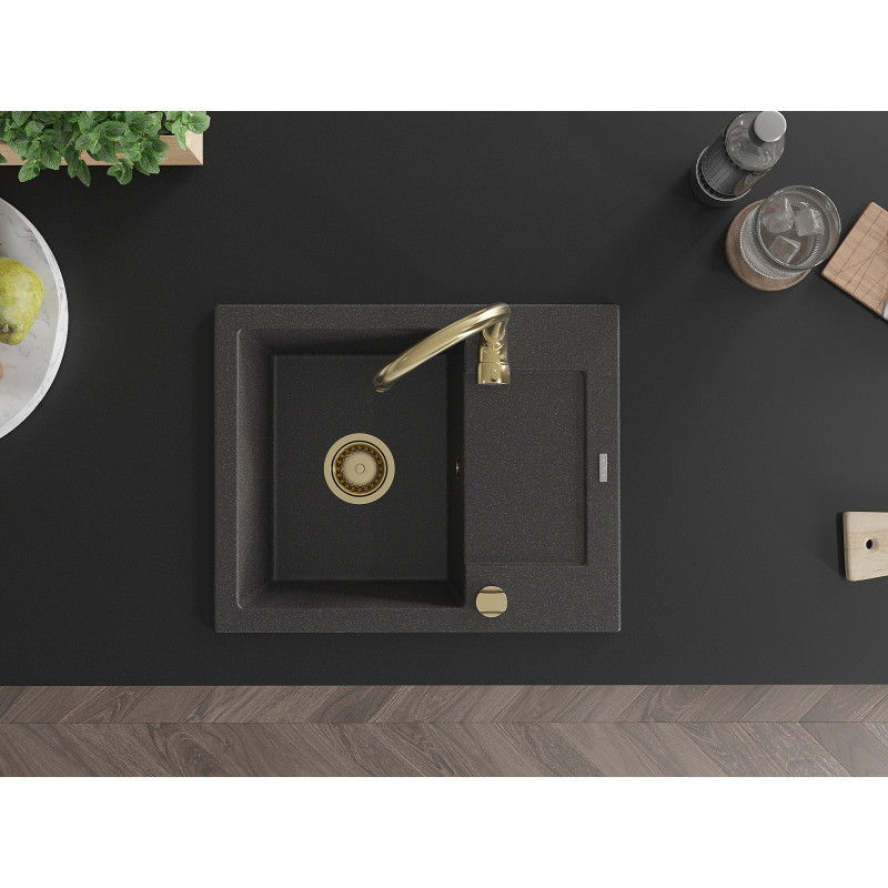 Mexen Enzo granitový drez 1-komorový s odkvapkávačom a kuchynskou batériou Telma, čierny bodkovaný - 6506-76-670200-50