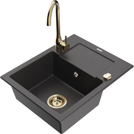 Mexen Enzo granitový drez 1-komorový s odkvapkávačom a kuchynskou batériou Telma, čierny bodkovaný - 6506-76-670200-50