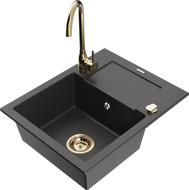 Mexen Enzo granitový drez 1-komorový s odkvapkávačom a kuchynskou batériou Telma, čierny bodkovaný - 6506-76-670200-50