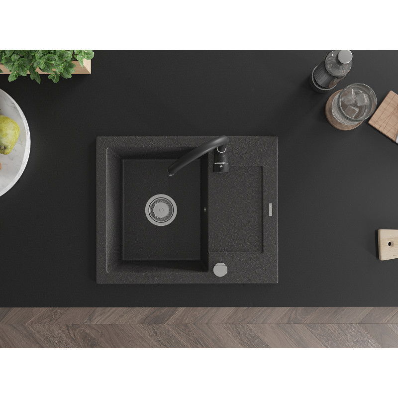 Mexen Enzo granitový drez 1-komorový s odkvapkávačom a kuchynskou batériou Telma, čierny škvrnitý - 6506-76-670200-70