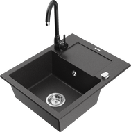 Mexen Enzo granitový drez 1-komorový s odkvapkávačom a kuchynskou batériou Telma, čierny škvrnitý - 6506-76-670200-70