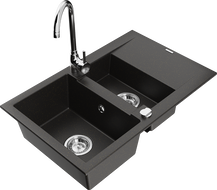 Mexen Gaspar granitový drez s 1,5 komorou, s odkvapkávačom a kuchynskou batériou Telma, čierny/zlatý - 6507-75-670200-00