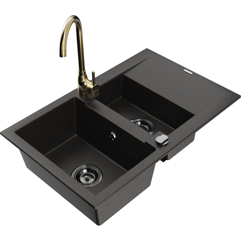 Mexen Gaspar granitový drez 1,5-komorový s odkvapkávačom a kuchynskou batériou Telma, čierny/zlatý - 6507-75-670200-50-B