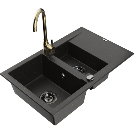 Mexen Gaspar granitový drez 1,5-komorový s odkvapkávačom a kuchynskou batériou Telma, čierny/zlatý - 6507-75-670200-50-B