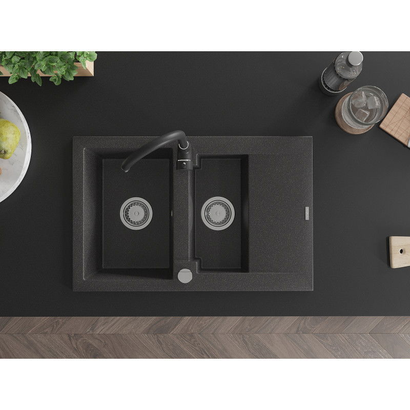 Mexen Gaspar granitový drez 1,5-komorový s odkvapkávačom a kuchynskou batériou Telma, čierny škvrnitý - 6507-76-670200-70