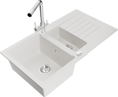 Mexen Matias žulový drez 1,5-komorový s odkvapkávačom a kuchynskou batériou Duero, biely - 6502-20-671600-00