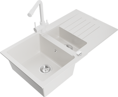 Mexen Matias granitový drez 1,5-komorový s odkvapkávačom a kuchynskou batériou Duero, biely - 6502-20-671600-20