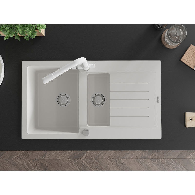 Mexen Matias granitový drez 1,5-komorový s odkvapkávačom a kuchynskou batériou Duero, biely - 6502-20-671600-20