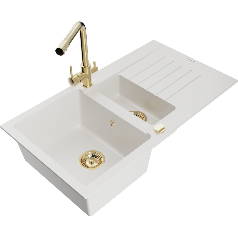 Mexen Matias žulový drez s 1,5 komorou a odkvapkávačom a kuchynskou batériou Duero, biely - 6502-20-671600-50