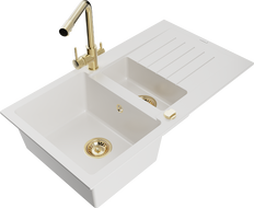 Mexen Matias žulový drez s 1,5 komorou a odkvapkávačom a kuchynskou batériou Duero, biely - 6502-20-671600-50