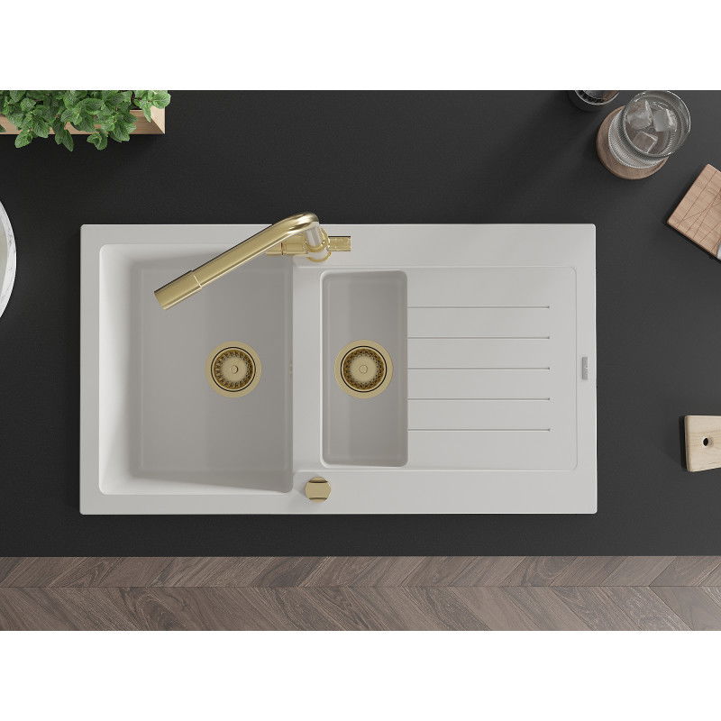 Mexen Matias žulový drez s 1,5 komorou a odkvapkávačom a kuchynskou batériou Duero, biely - 6502-20-671600-50