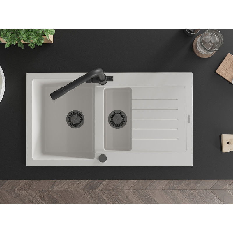 Mexen Matias granitový drez 1,5 komorový s odkvapkávačom a kuchynskou batériou Duero, biely - 6502-20-671600-70