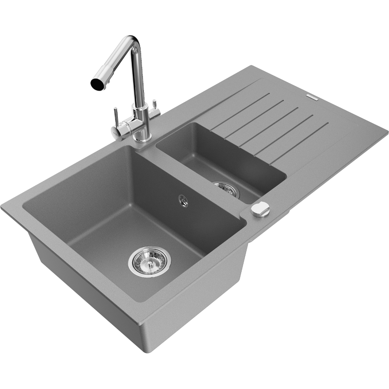 Mexen Matias žulový kuchynský drez 1,5-komorový s odkvapkávačom a kuchynskou batériou Duero, sivý - 6502-71-671600-00