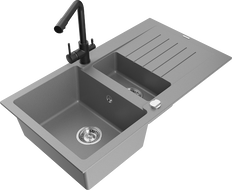 Mexen Matias žulový drez 1,5-komorový s odkvapkávačom a kuchynskou batériou Duero, šedý - 6502-71-671600-70