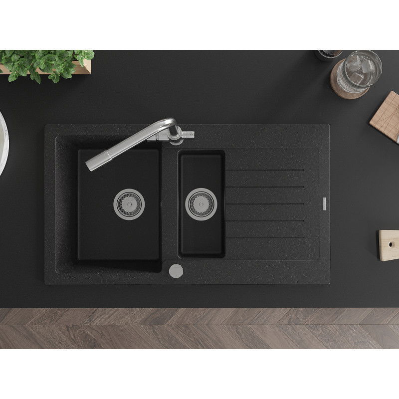 Mexen Matias granitový drez 1,5-komorový s odkvapkávačom a kuchynskou batériou Duero, čierny/strieborný metalický