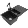 Mexen Matias granitový kuchynský drez s 1,5 komory s odkvapkávačom a kuchynskou batériou Duero, čierny/strieborný metalik