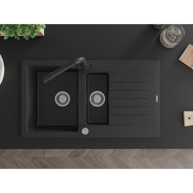 Mexen Matias granitový kuchynský drez s 1,5 komory s odkvapkávačom a kuchynskou batériou Duero, čierny/strieborný metalik