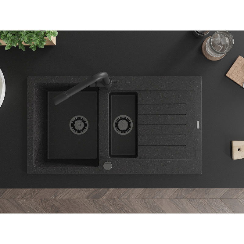 Mexen Matias žulový drez s 1,5 komorou a odkvapkávačom a kuchynskou batériou Duero, čierny/strieborný - 6502-73-671600-70-B