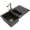 Mexen Matias granitový drez 1,5-komorový s odkvapkávačom a kuchynskou batériou Duero, čierny/zlatý metalický