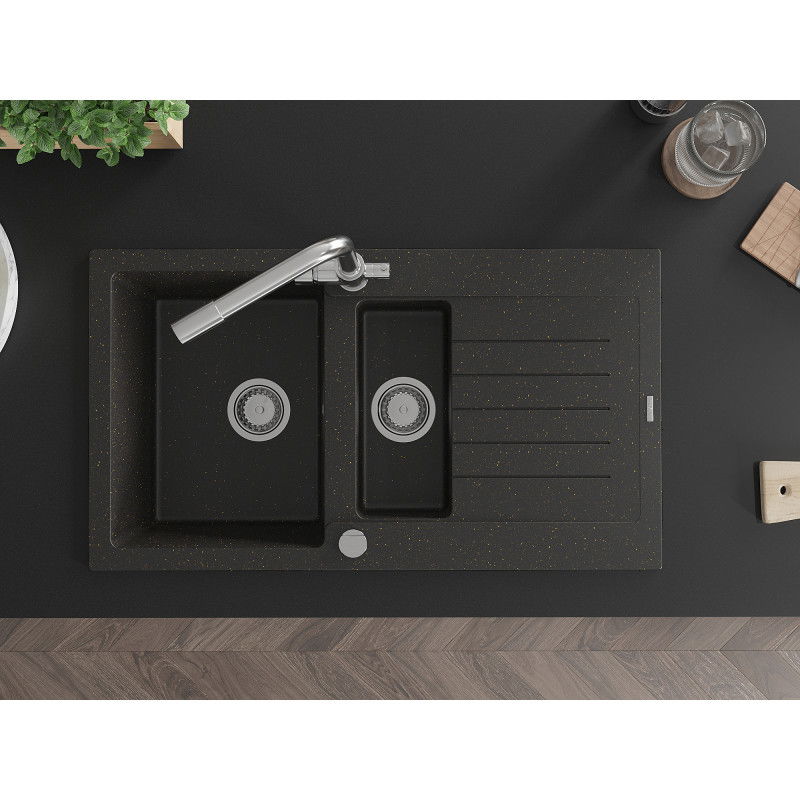 Mexen Matias žulový drez 1,5-komorový s odkvapkávačom a kuchynskou batériou Duero, čierny/zlatý metalik - 6502-75-671600-00