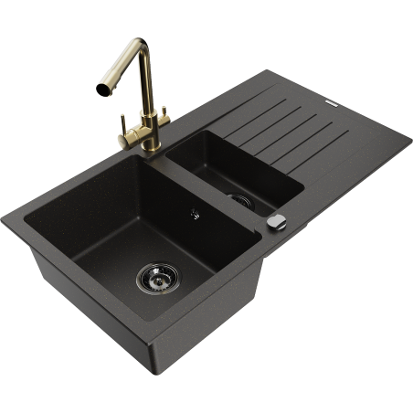 Mexen Matias granitový drez s 1,5-komorou s odkvapkávacím miestom a kuchynskou batériou Duero, čierny/zlatý