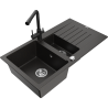 Mexen Matias granitový drez s 1,5 komorou s odkvapkávačom a kuchynskou batériou Duero, čierny/zlatý metalík