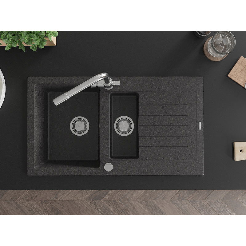 Mexen Matias granitový drez 1,5-komorový s odkvapkávačom a kuchynskou batériou Duero, čierny škvrnitý - 6502-76-671600-00