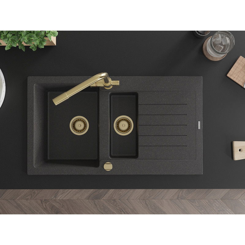 Mexen Matias žulový drez 1,5-komorový s odkvapkávačom a kuchynskou batériou Duero, čierny s bodkami - 6502-76-671600-50