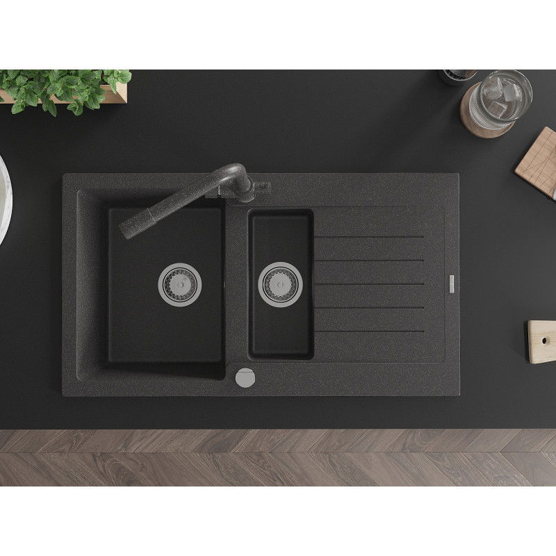 Mexen Matias žulový drez s 1,5 komorou s odkvapkávačom a kuchynskou batériou Duero, čierny škvrnitý - 6502-76-671600-76