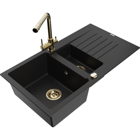Mexen Matias granitový drez 1,5-komorový s odkvapkávačom a kuchynskou batériou Duero, čierny - 6502-77-671600-50