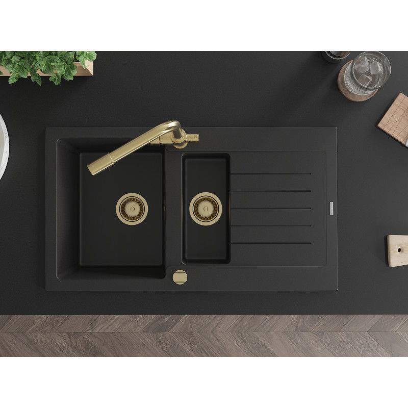 Mexen Matias granitový drez 1,5-komorový s odkvapkávačom a kuchynskou batériou Duero, čierny - 6502-77-671600-50