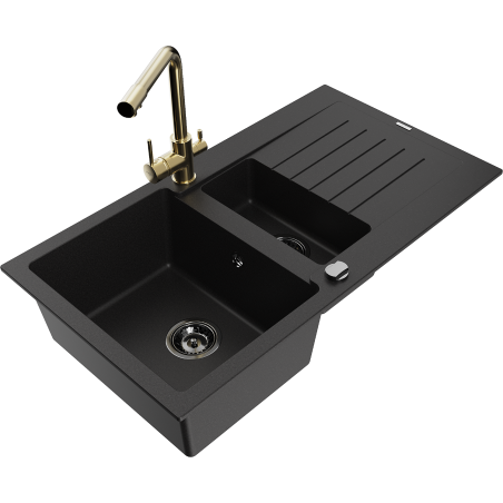 Mexen Matias granitový drez 1,5-komorový s odkvapkávačom a kuchynskou batériou Duero, čierny - 6502-77-671600-50-B