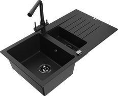 Mexen Matias granitový drez 1,5-komorový s odkvapkávačom a kuchynskou batériou Duero, čierny - 6502-77-671600-70-B