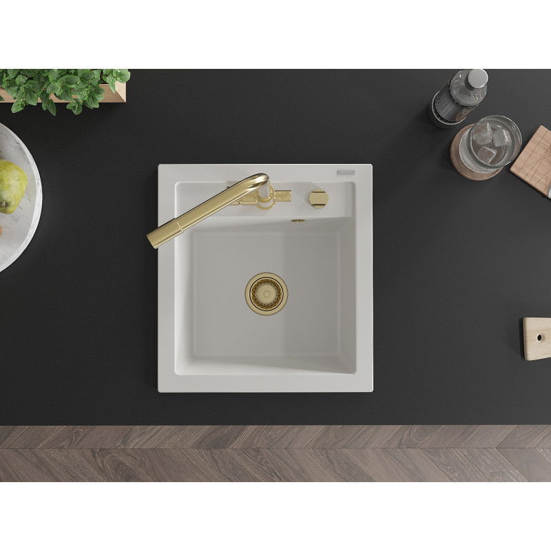 Mexen Vito žulový kuchynský drez 1-komorový s kuchynskou batériou Duero, biely - 6503-20-671600-50