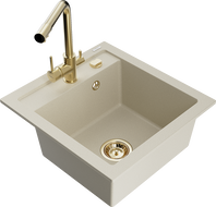 Mexen Vito granitový kuchynský drez s 1 komorou a kuchynskou batériou Duero, béžový - 6503-69-671600-50