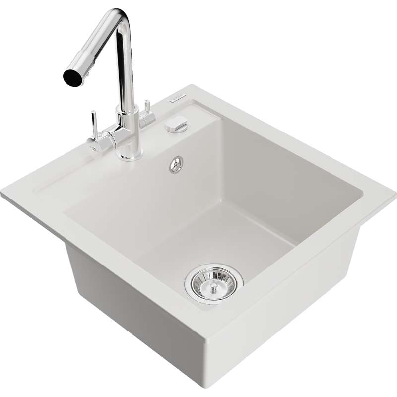 Mexen Vito granitový kuchynský drez s jednou komorou a kuchynskou batériou Duero, biely - 6503-20-671600-00