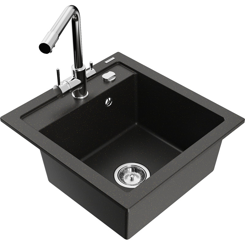 Mexen Vito granitový kuchynský drez 1-komorový s kuchynskou batériou Duero, čierny/zlatý metalický - 6503-75-671600-00