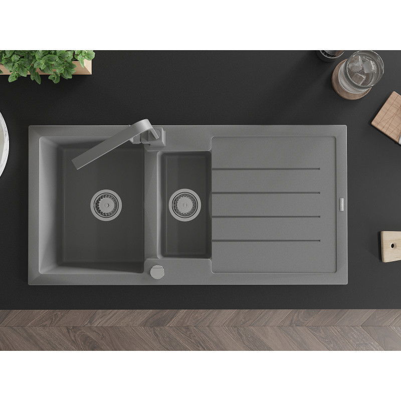 Mexen Andres žulový kuchynský drez 1,5-komorový s odkvapkávačom a kuchynská batéria Rita, sivá - 6515-71-670300-71