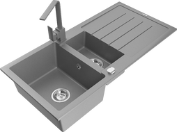 Mexen Andres žulový kuchynský drez 1,5-komorový s odkvapkávačom a kuchynská batéria Rita, sivá - 6515-71-670300-71