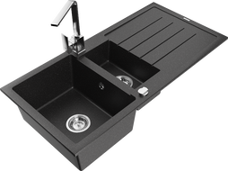 Mexen Andres kamenný drez s odkvapkávačom a kuchynskou batériou Rita, čierny/strieborný metalik - 6515-73-670300-00