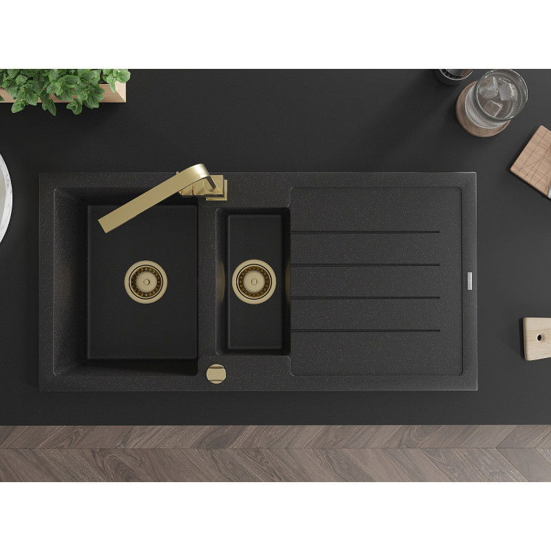 Mexen Andres granitový drez 1,5-komorový s odkvapkávačom a kuchynskou batériou Rita, čierny/strieborný metalický