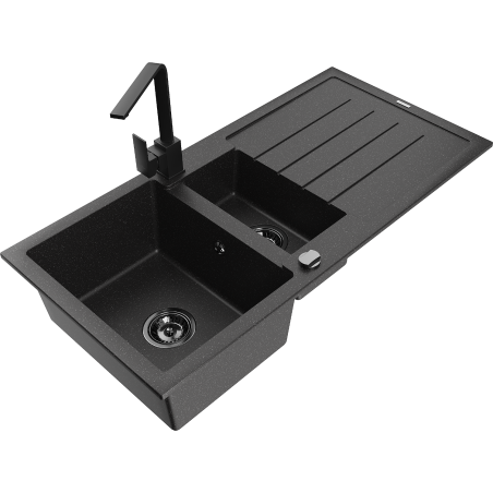 Mexen Andres granitový drez s 1,5 komorou s odkvapkávacou plochou a kuchynskou batériou Rita, čierny/strieborný