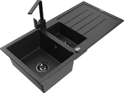 Mexen Andres granitový drez s 1,5 komorou s odkvapkávacou plochou a kuchynskou batériou Rita, čierny/strieborný