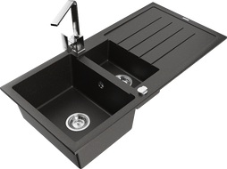 Mexen Andres 1,5-komorový žulový drez s odkvapkávačom a kuchynskou batériou Rita, čierna/zlatý metalik- 6515-75-670300-00