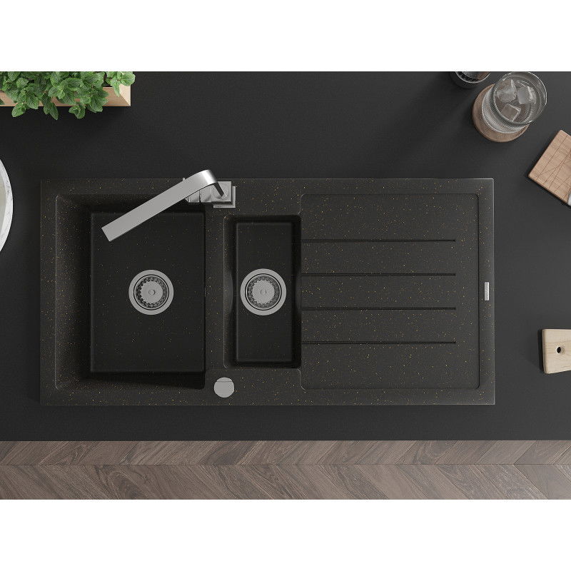 Mexen Andres 1,5-komorový žulový drez s odkvapkávačom a kuchynskou batériou Rita, čierna/zlatý metalik- 6515-75-670300-00