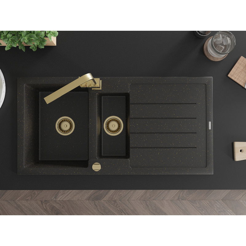 Mexen Andres granitový drez 1,5-komorový s odkvapkávačom a kuchynskou batériou Rita, čierny/zlatý metalik- 6515-75-670300-50