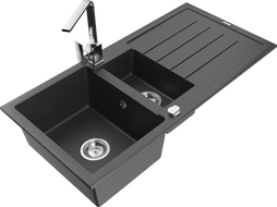 Mexen Andres granitový drez 1,5-komorový s odkladacou plochou a kuchynskou batériou Rita, čierny škvrnitý - 6515-76-670300-00